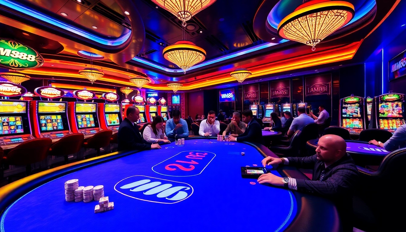 MM88 players intensely betting at a vibrant casino table surrounded by exciting slot machines.