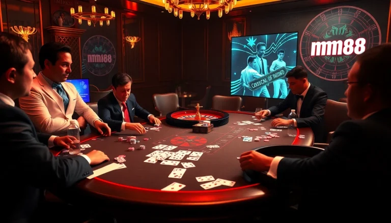 Experience mm88 excitement with players at a high-stakes poker table full of cards and chips.