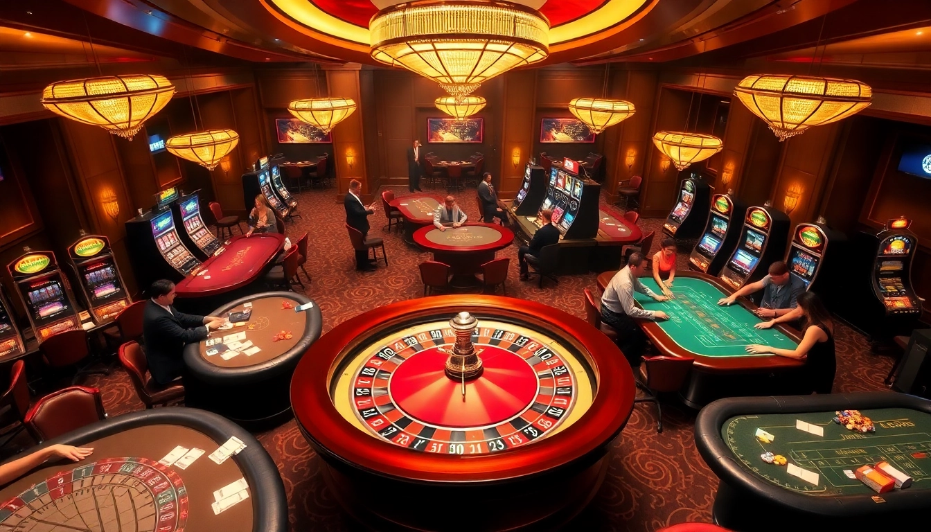 Experience thrilling gaming action at jun88.rodeo with vibrant casino tables, roulette wheel, and lively gamblers.