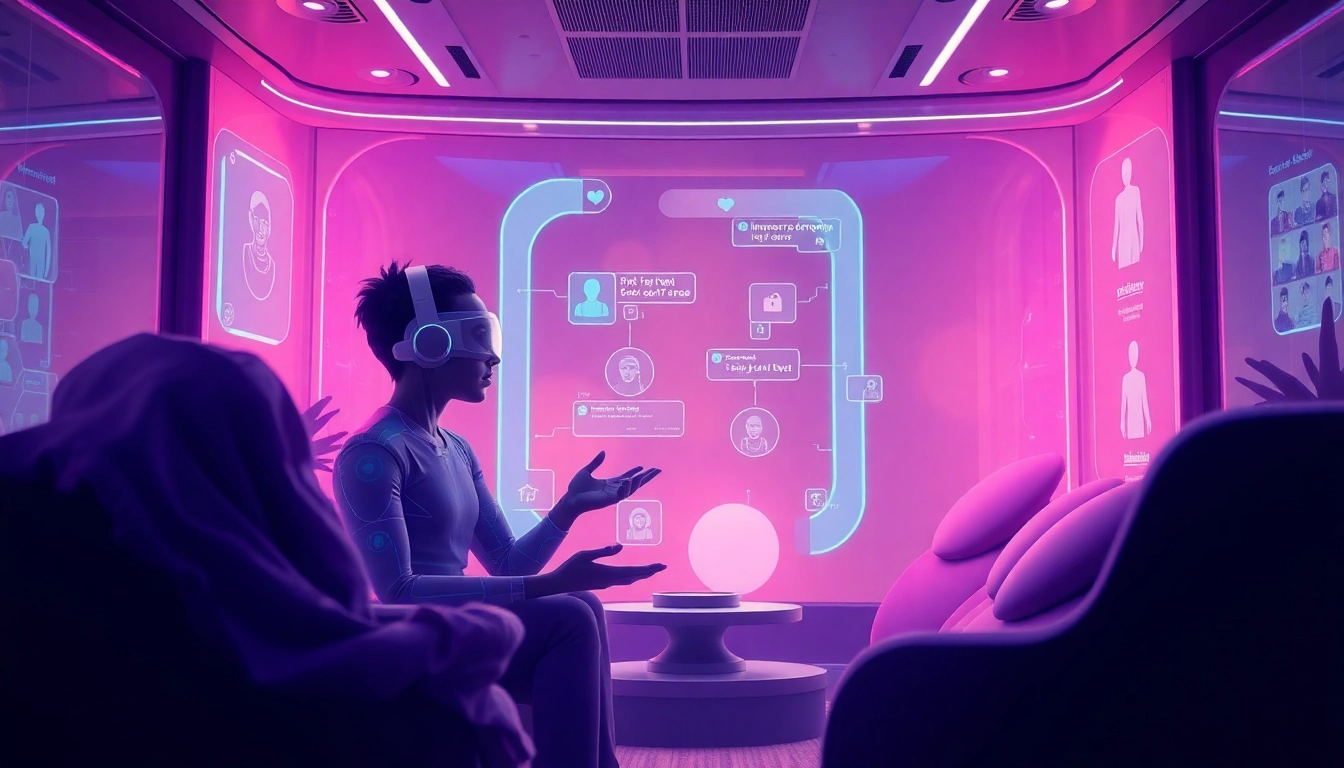 Engaging in intimate sex AI chat within a futuristic virtual reality setting, featuring inviting AI avatars.