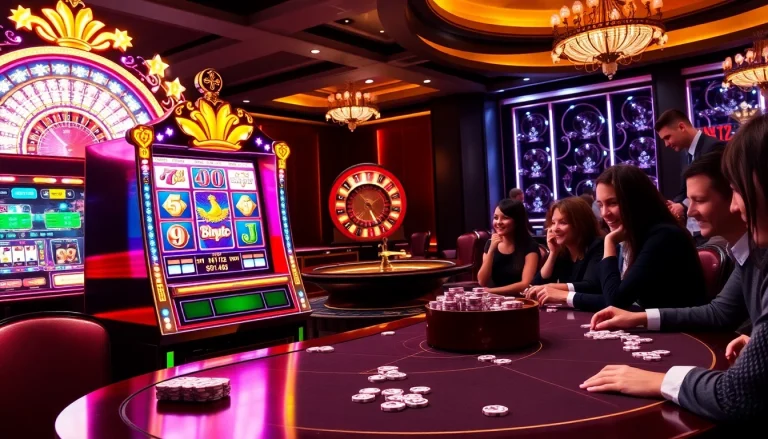 Berinteraksi dengan mesin slot Birutoto yang mendebarkan di tengah suasana kasino mewah, lengkap dengan keping poker dan rolet.