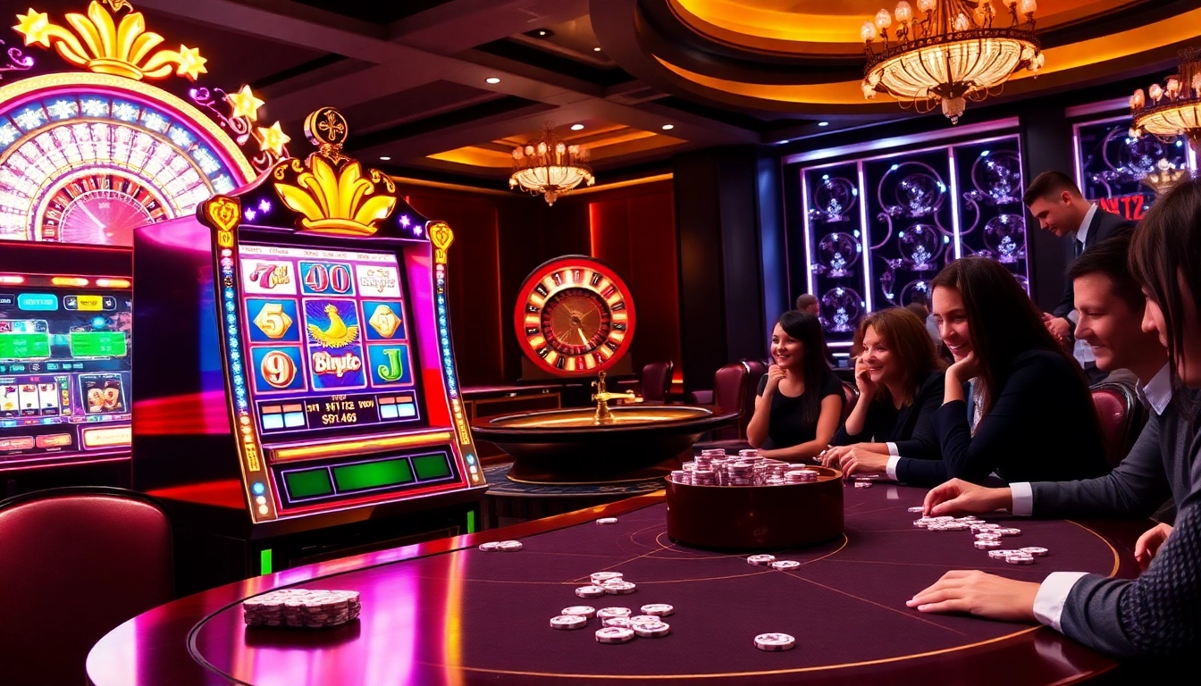 Berinteraksi dengan mesin slot Birutoto yang mendebarkan di tengah suasana kasino mewah, lengkap dengan keping poker dan rolet.