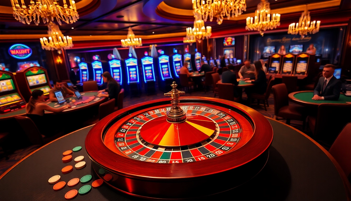 Players enjoying a lively game scene at c168com.vip casino with roulette and poker tables.