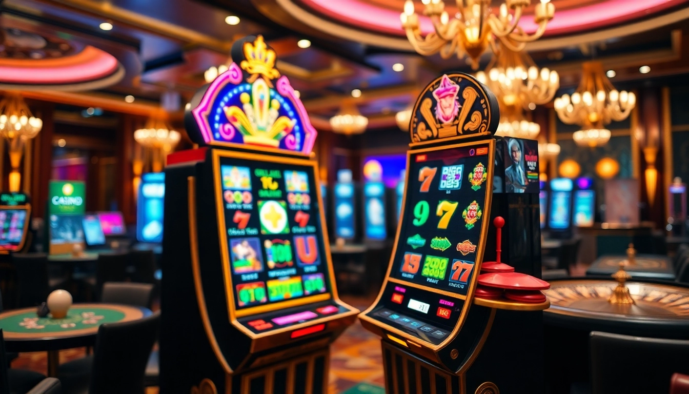 Nổ hũ đổi thưởng slot machine displaying vibrant jackpots and graphics in an exciting casino setting