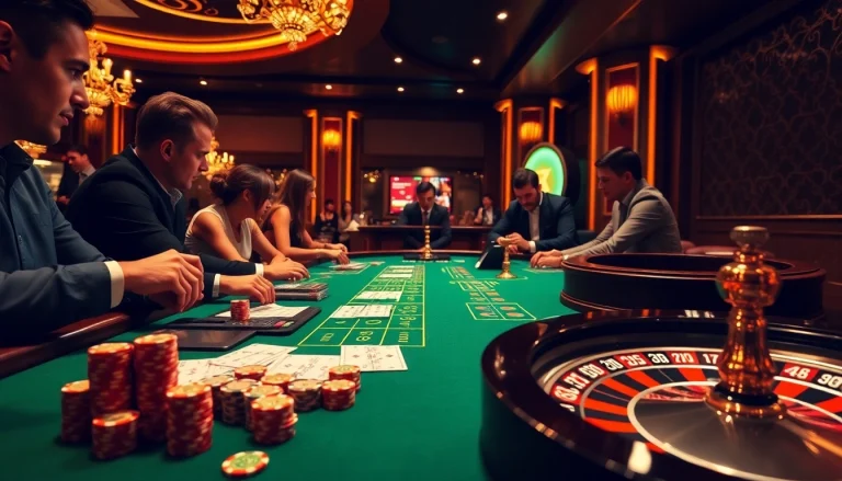 Gamblers strategizing their moves with the app 98win in an upscale casino setting.