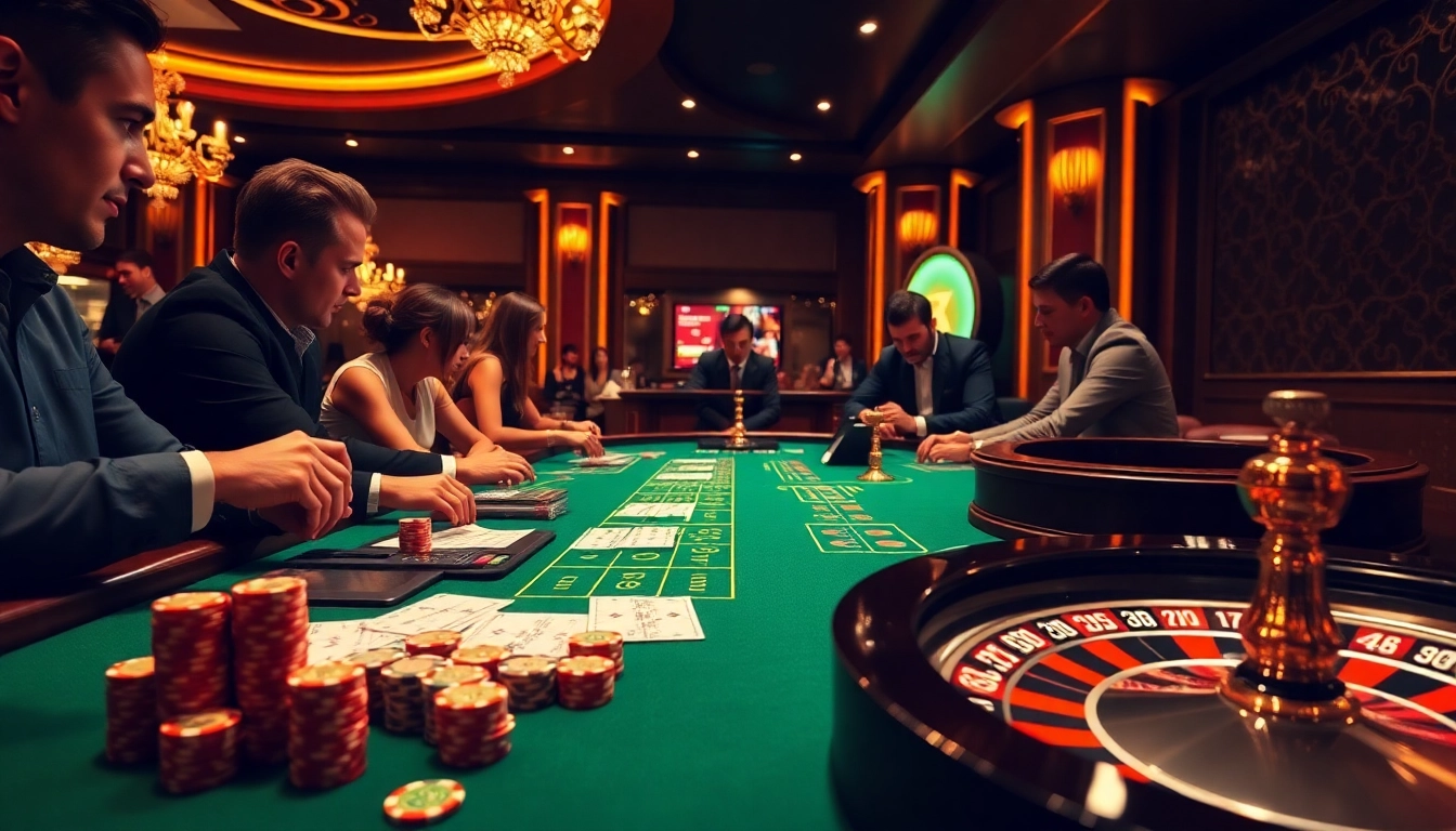 Gamblers strategizing their moves with the app 98win in an upscale casino setting.