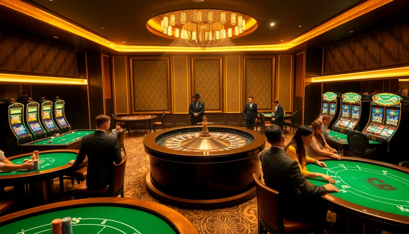 Engaging players enjoying Kjc solutions at a luxurious casino with roulette and poker tables.