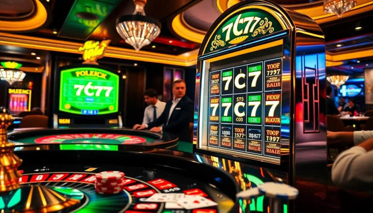 Play thrilling games at 7C77 Casino with vibrant roulette and high-stakes blackjack ambiance.