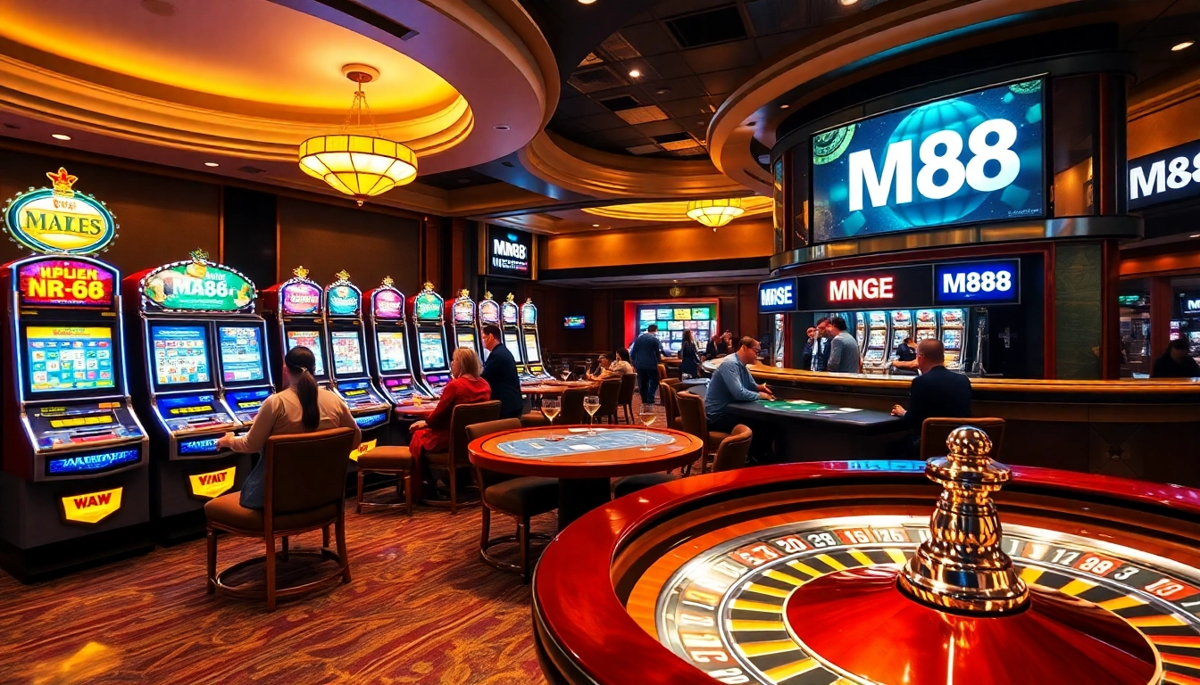 Players enjoying a vibrant casino scene at MM 88 with lively slot machines and poker games.