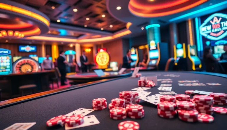 Adegan permainan kasino yang mendebarkan menampilkan chip poker berwarna-warni dan kartu di meja dewanaga89.