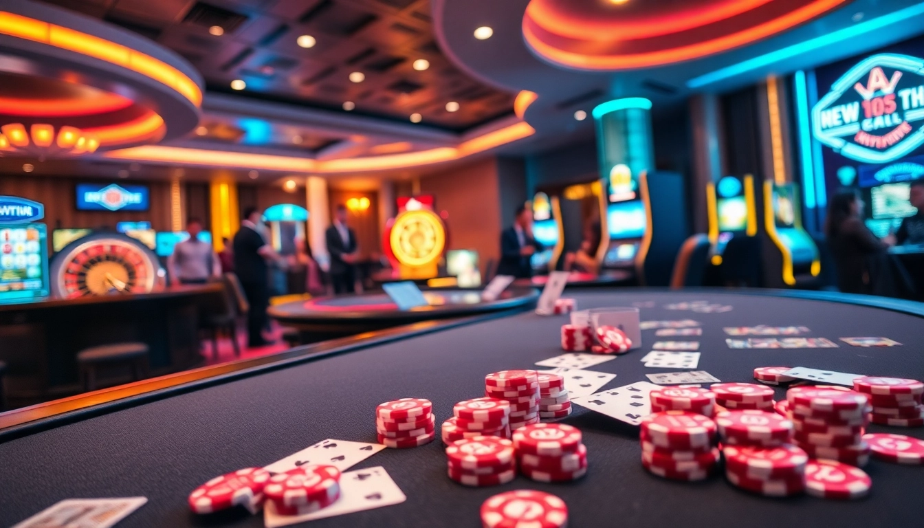 Adegan permainan kasino yang mendebarkan menampilkan chip poker berwarna-warni dan kartu di meja dewanaga89.