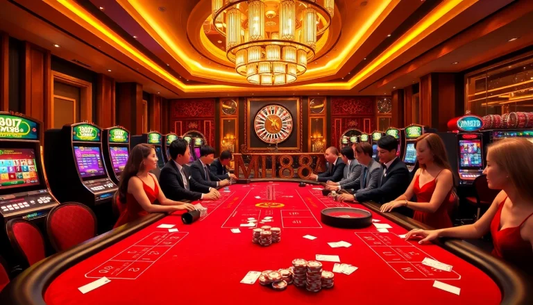 Engaging players at MM88 casino table, emphasizing luxury and excitement of gambling.