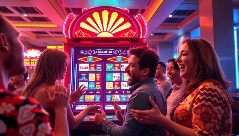 Menyaksikan permainan slot gacor dengan mesin slot yang bercahaya, menciptakan suasana kasino yang meriah.