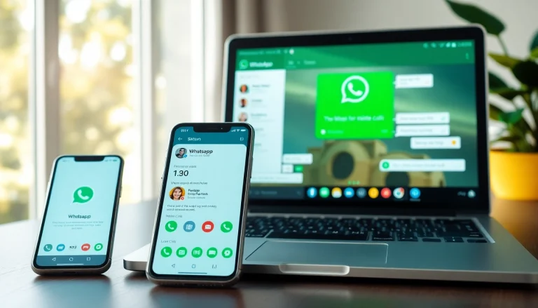 笔记本和智能手机上的 WhatsApp Web 界面，展示快连官网的消息和语音通话等功能。