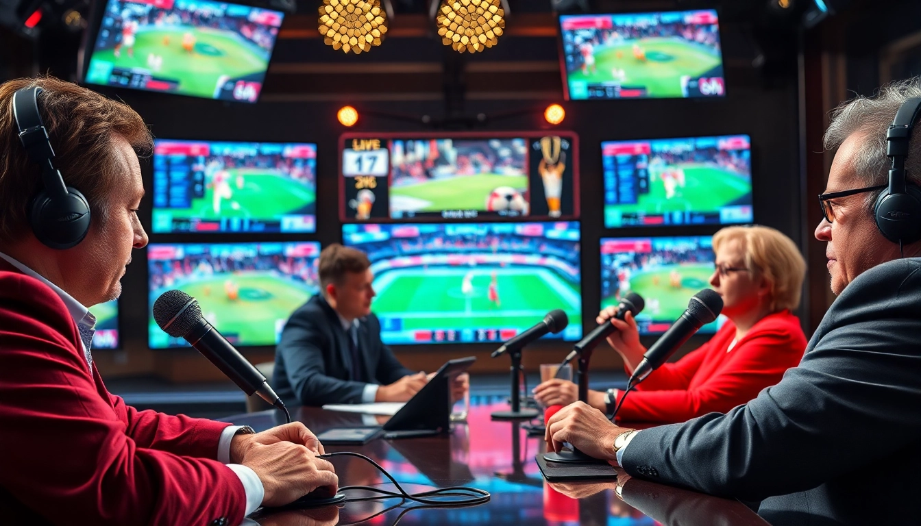 Captivating sports broadcasting scene with commentators analyzing live gameplay.