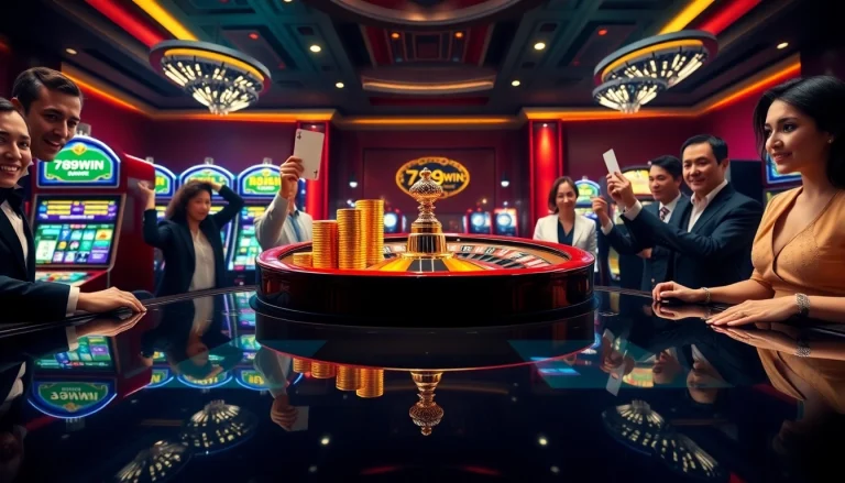 Gamblers celebrating their wins at the luxurious 789WIN casino, featuring roulette and slot machines.