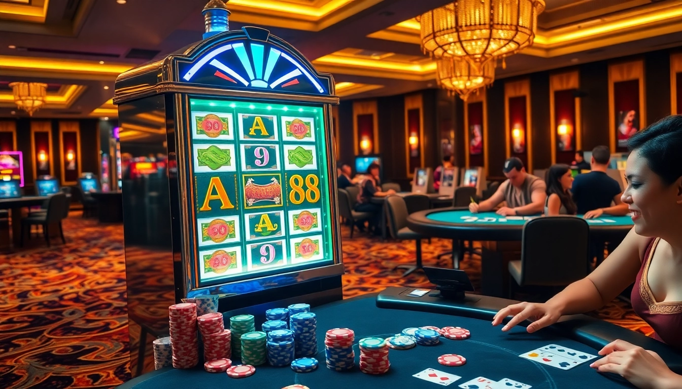 Slot apiraja88 showcasing an exciting casino atmosphere with players at machines and tables.