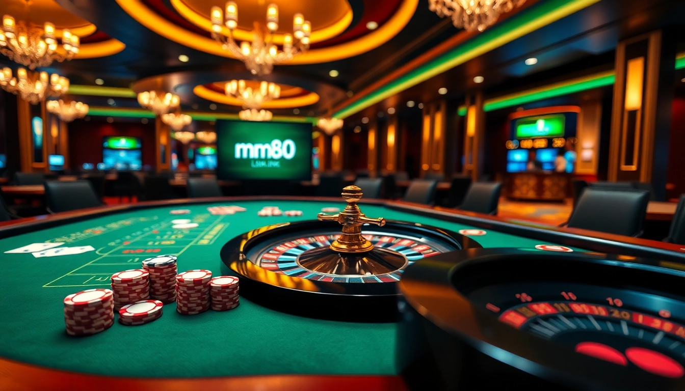 Players engaging in exciting casino games via mm88 link, showcasing poker chips and a roulette wheel.