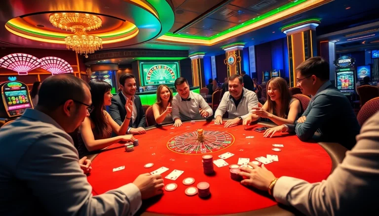 Players celebrating a win at 789club poker table with colorful chips and cards.