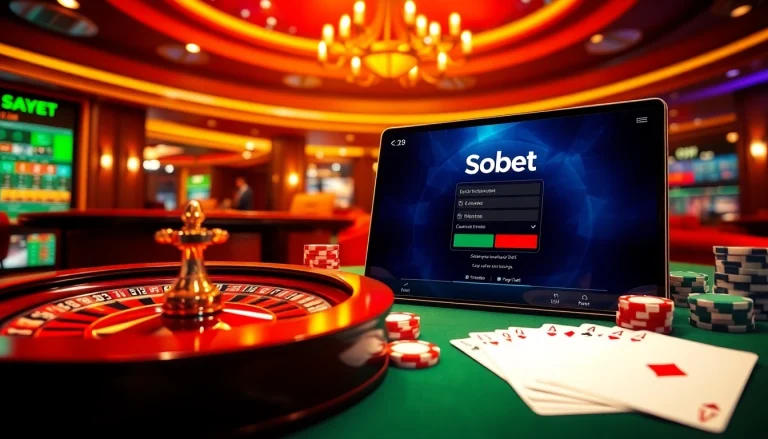 Login to sbobet with enthusiasm while surrounded by casino elements like poker chips and roulette wheels.