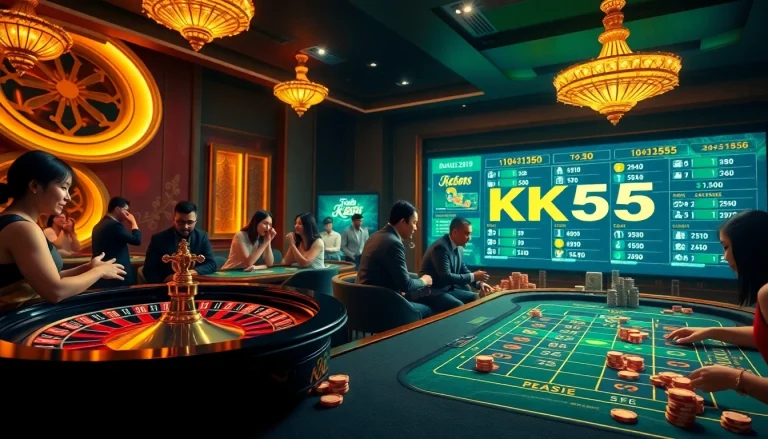 Play online casino games at KK55 with vibrant tables and poker chips.
