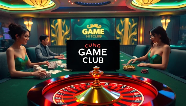 Cổng game Hit club offers a thrilling online gambling experience with poker chips and a vibrant casino atmosphere.