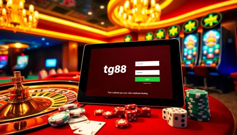Experience tg88 đăng nhập at an exciting casino table featuring roulette and vibrant slot machines.