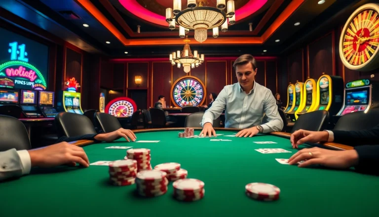 Engaging casino scene showcasing players at a poker table with chips and cards at https://keobongda2.vip/ promoting excitement.