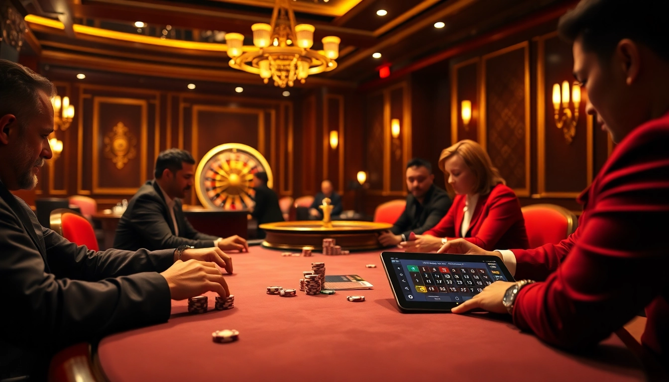 Poker players strategizing at https://ok8386.sh/ in a luxurious casino setting, with vibrant lighting and rich decor.
