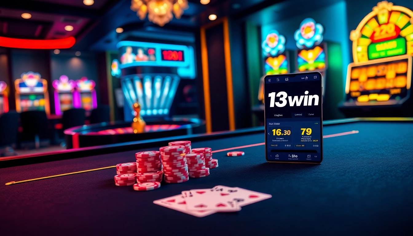 Engaged players enjoying 13win casino games at a luxurious poker table with vibrant slot machines.