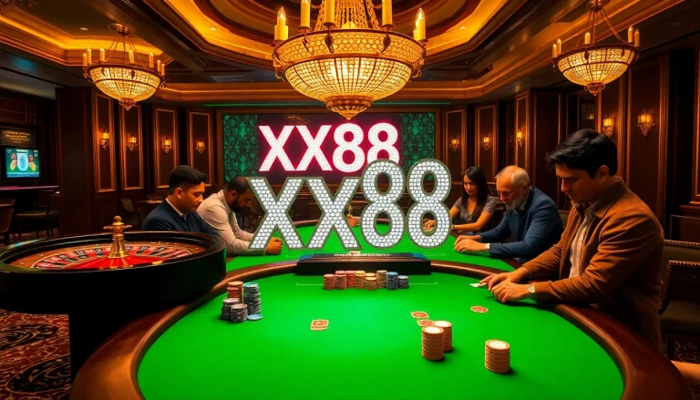 Experience the thrill of gambling with a vibrant XX88 poker scene featuring players and illuminated chips.