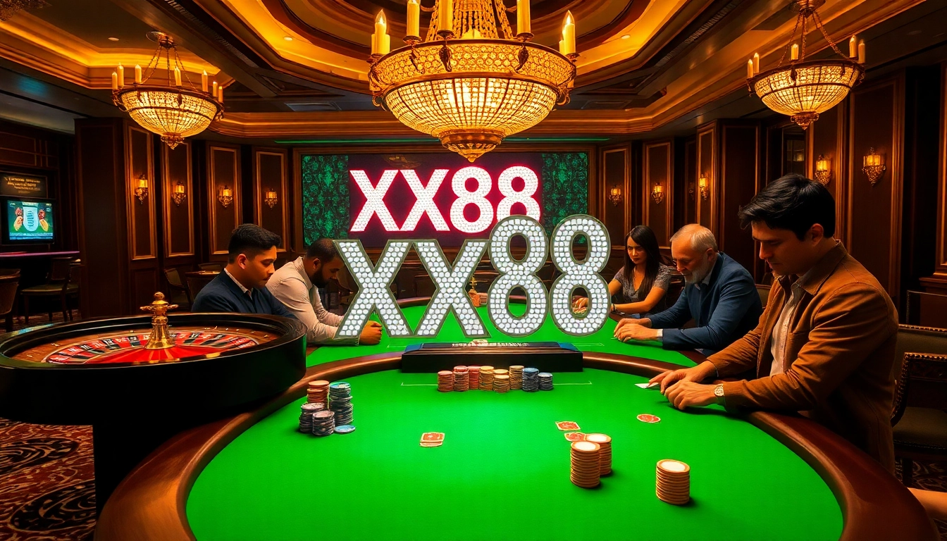 Experience the thrill of gambling with a vibrant XX88 poker scene featuring players and illuminated chips.