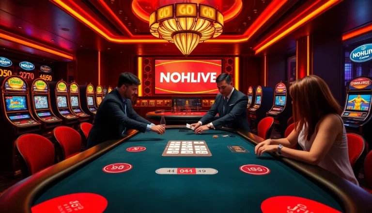 Experience the thrill of NOHULIVE with an exciting casino scene featuring dealers and slot machines.