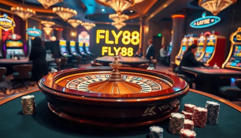 Experience thrilling casino gaming at FLY88 with vibrant roulette wheels and poker tables.