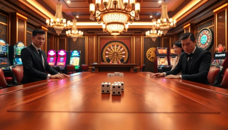 Engaging scene of a tai xiu online game with players and rolling dice at a luxurious casino table.