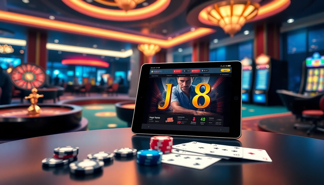 J8 interface showcasing thrilling casino gameplay with vibrant chips and cards.