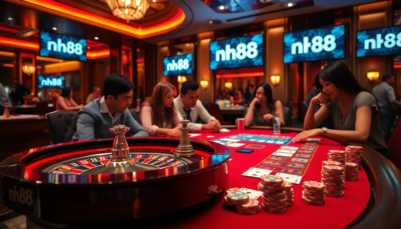 Engaging casino players enjoying a roulette game, highlighting nh88 in a luxurious setting.