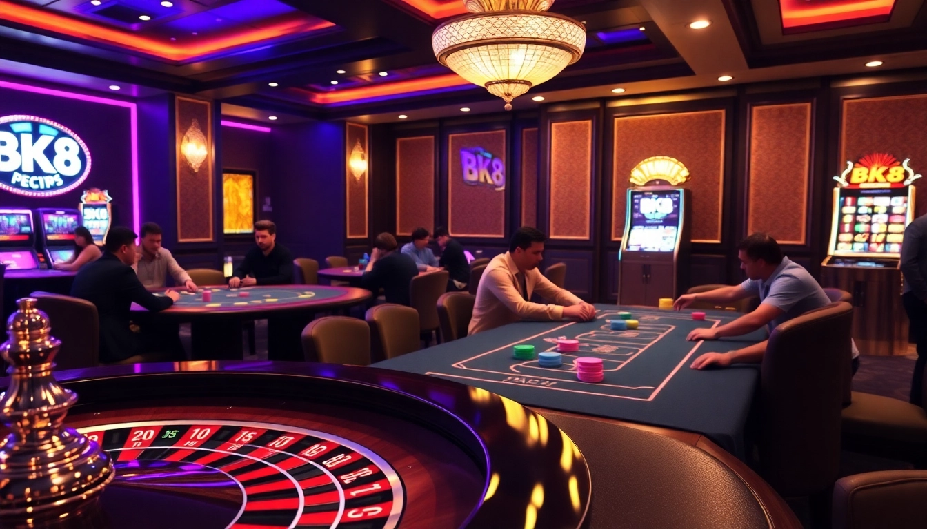 Exciting BK8 casino scene with players enjoying poker and roulette in a luxurious setting.