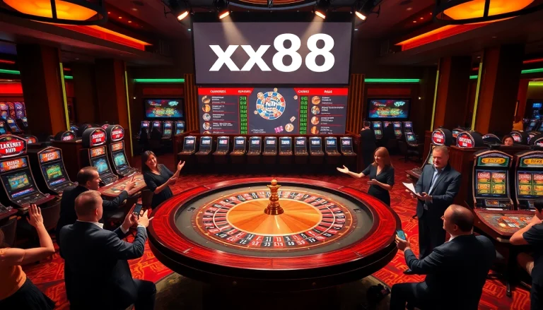 Experience the thrill of gaming at xx88, featuring dealers and an exciting roulette table in a luxurious casino.
