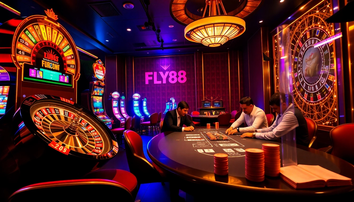 Experience FLY88's exhilarating gambling scene with poker tables and vibrant slot machines.