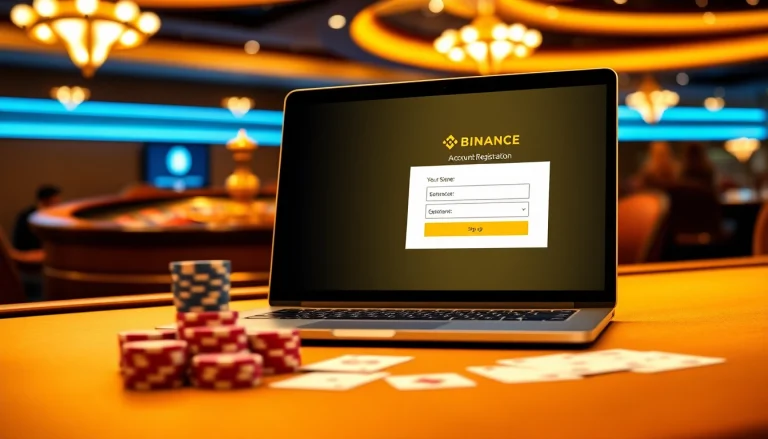 Registering for 바이낸스 회원가입 at a luxurious casino interface, featuring poker chips and a roulette wheel.