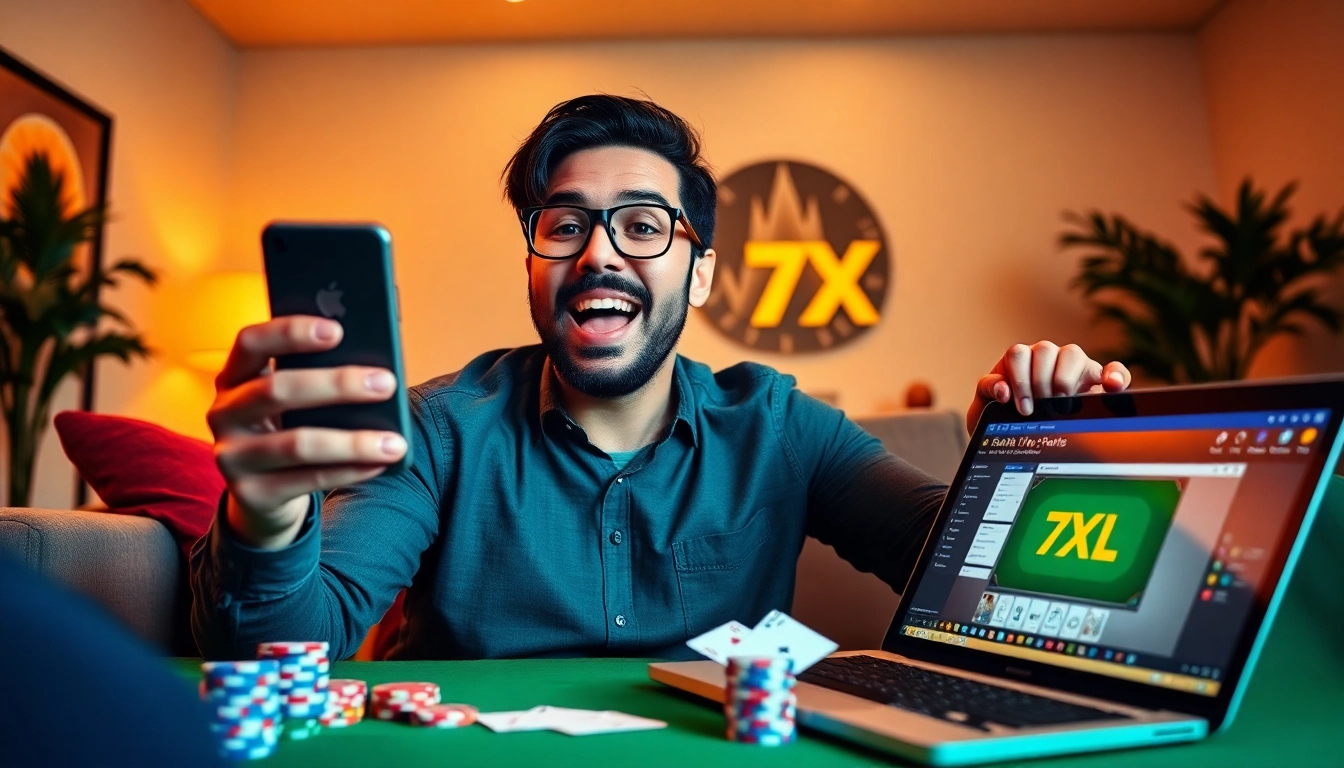 סצנה מרגשת של משתמש שמוריד את 7XL להורדה בטלפון חכם ובמחשב נייד בסלון נעים.