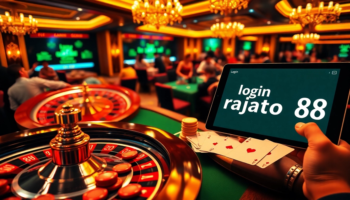 Engaging scene of players enjoying a rich casino atmosphere while logging in rajatoto88 to access thrilling games.