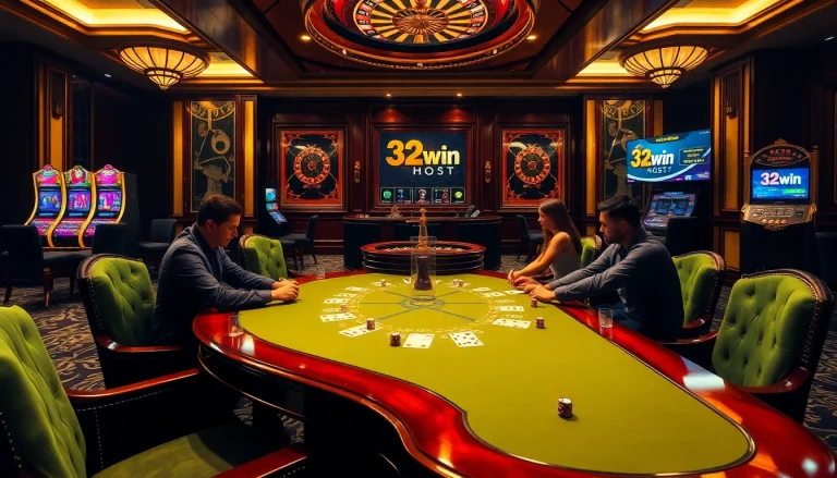 The vibrant casino scene showcasing a poker table with exciting gameplay and elements of 32win.host.