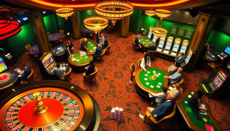 Players engaging in thrilling games at https://kuwinblog.com/ showcasing a vibrant gambling atmosphere with poker tables and slots.