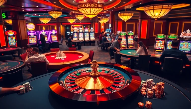 Excited players gambling at sunwin casino tables with vibrant lights and roulette wheel.