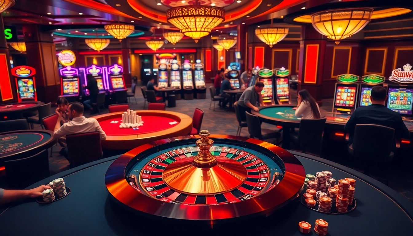 Excited players gambling at sunwin casino tables with vibrant lights and roulette wheel.