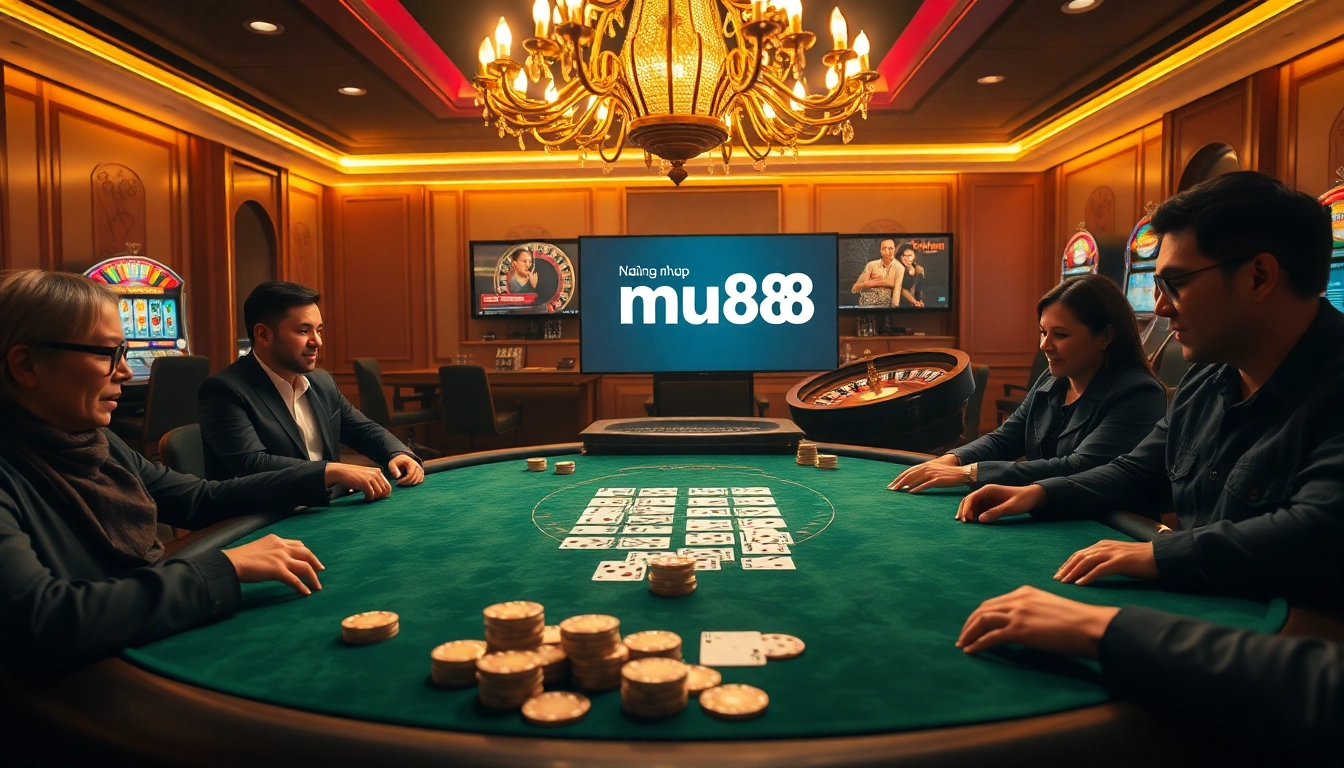 Engage in the excitement of đăng nhập mu88 with players around a luxurious poker table.