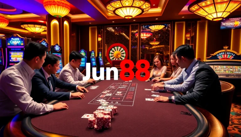 Players enjoying an exciting gaming experience at Jun88 casino, highlighting poker chips and playing cards.