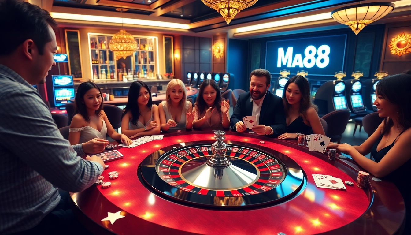 Man88 players placing bets at a luxurious roulette table in a vibrant casino atmosphere.